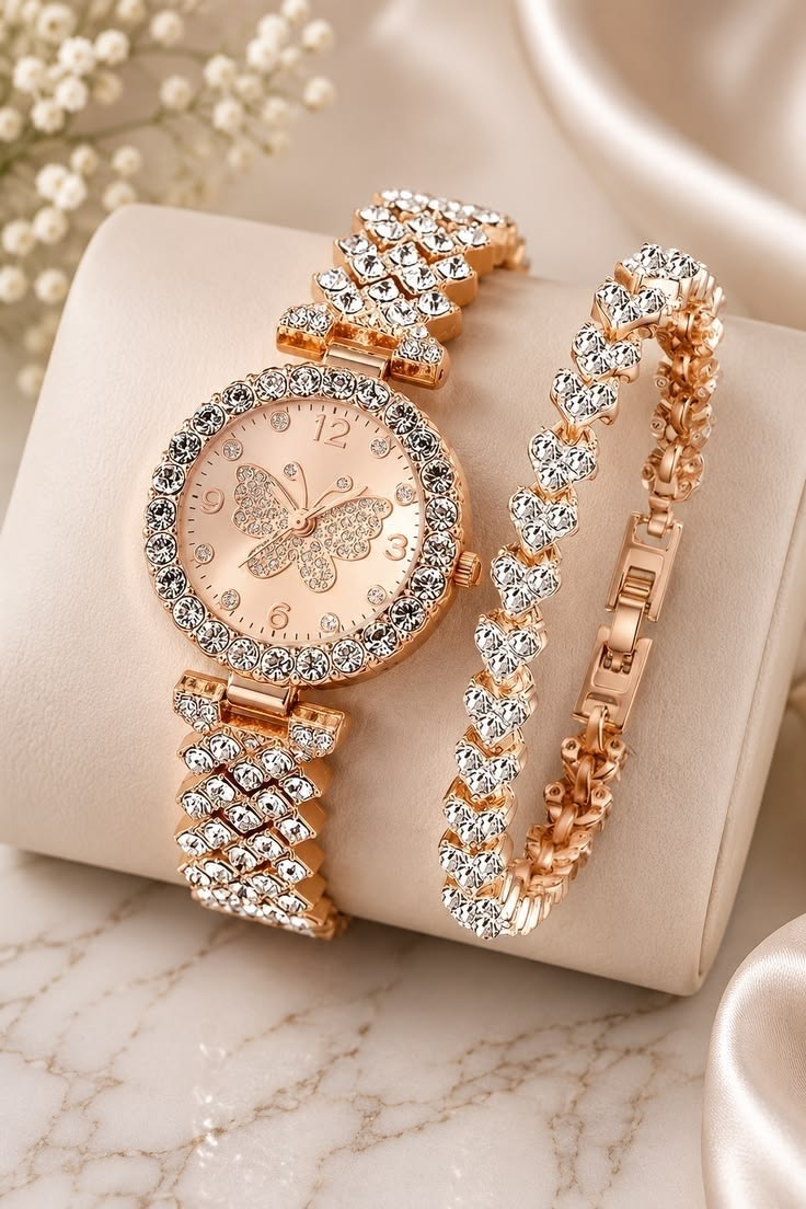 Rose-Tone Butterfly Watch and Bracelet Set