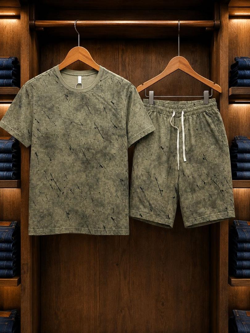 Olive Green Textured T-Shirt & Shorts Set