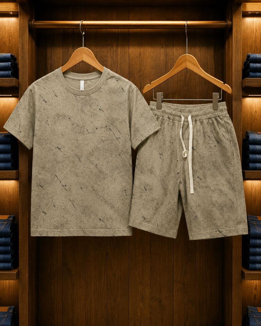 Stone Beige Textured T-Shirt & Shorts Set