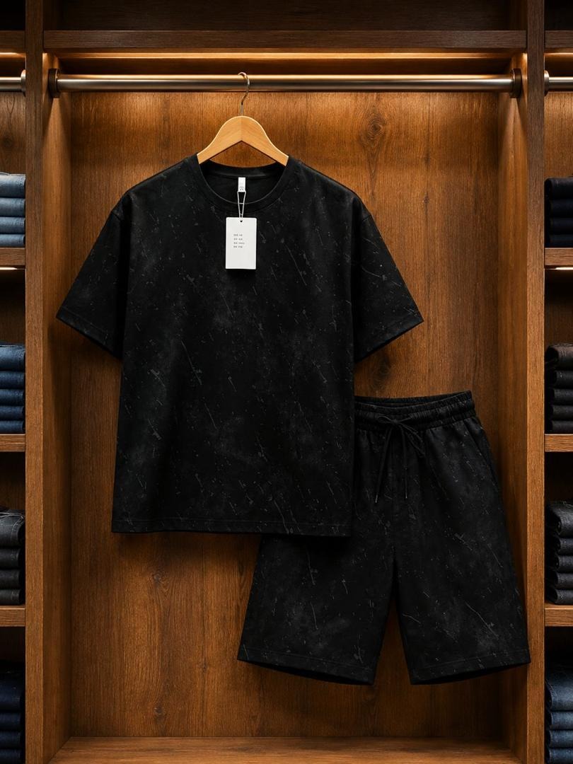 Black Textured T-Shirt & Shorts Set