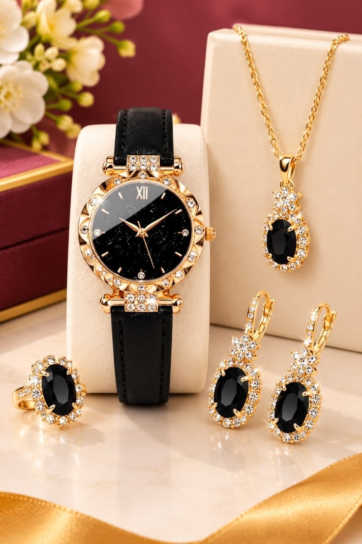 Black and Gold-Tone Watch and Jewellery Set