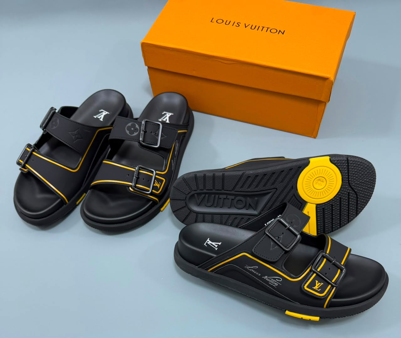 Buckle Strap Slides — Black & Yellow
