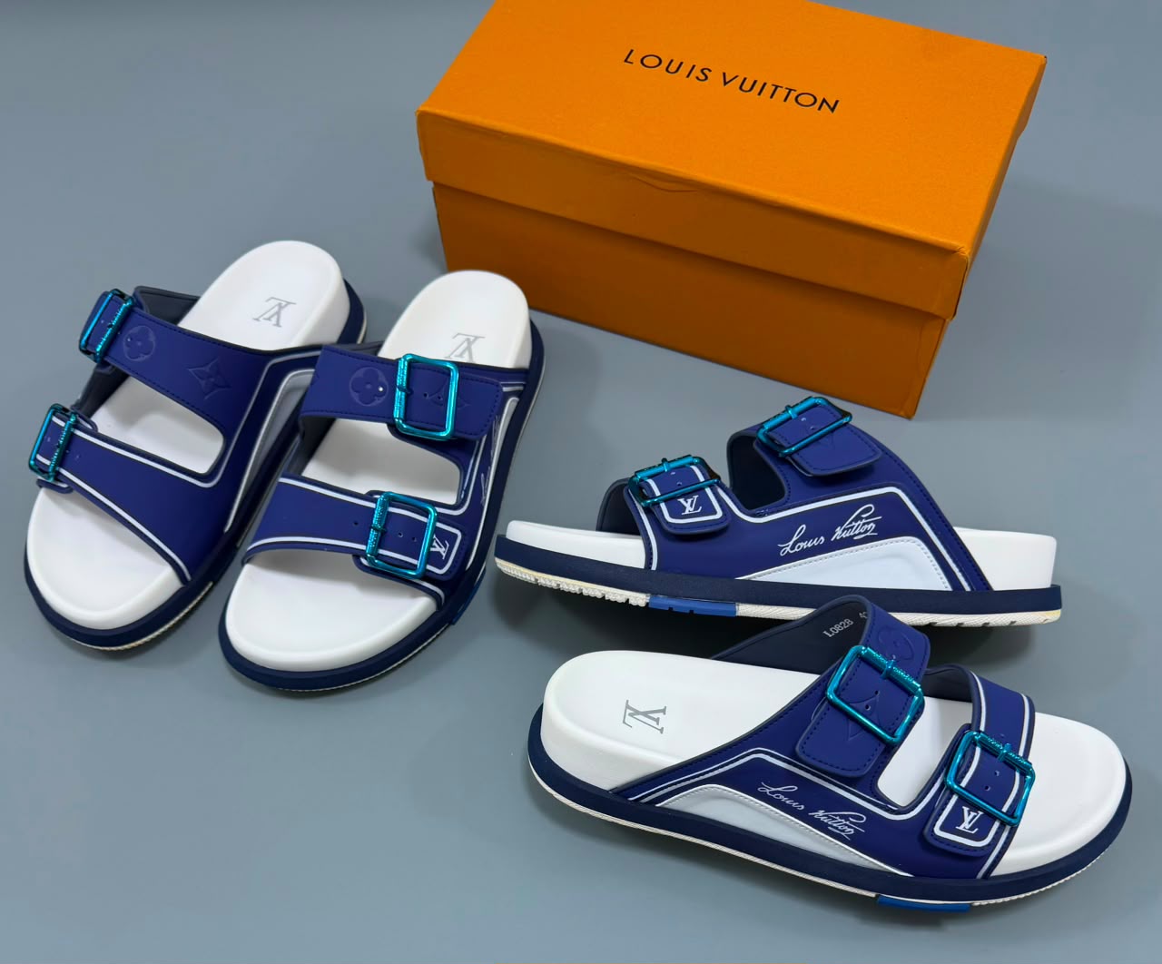Buckle Strap Slides — Navy