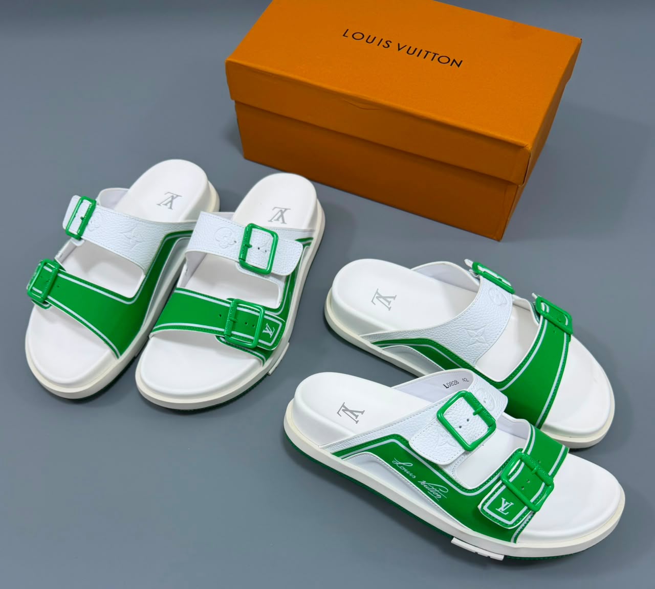 Buckle Strap Slides — White & Green